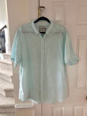Report Collection Heritage Semi Sheer Mint Green Linen Short Sleeve Button Down